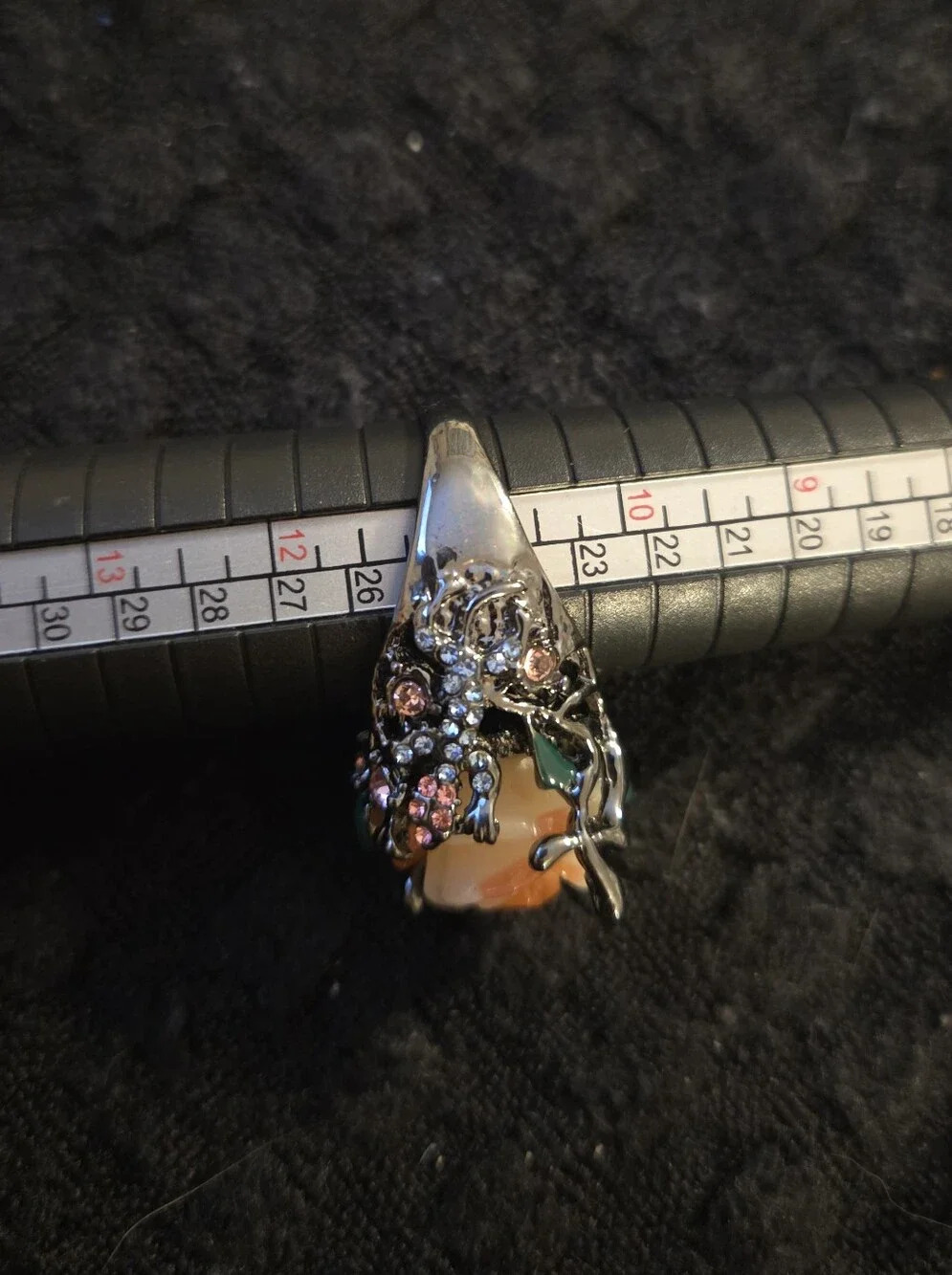 Vintage Gothic Peach Carved Rose Statement Ring Black Gunmetal Rhinestone